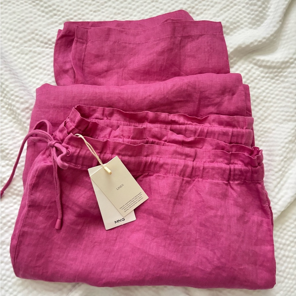 Mango Pink Linen Cropped Drawstring Pants